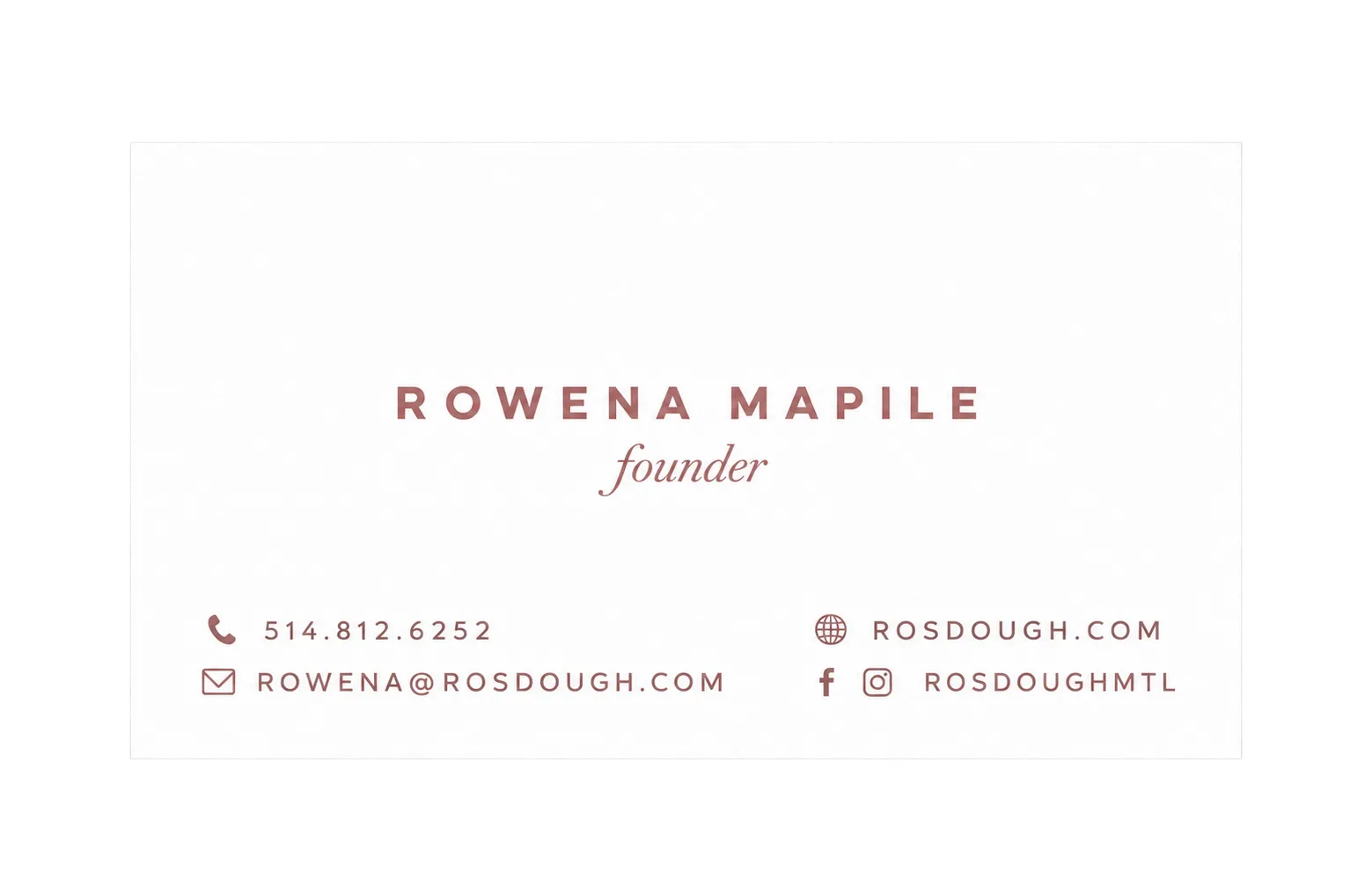 The back of the card: Rowena Mapile, founder, with the phone number, email address, website and social handles — all also listed below.