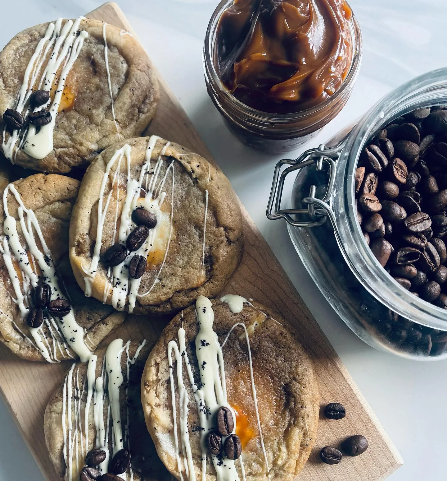 Coffee caramel cookies board with beans