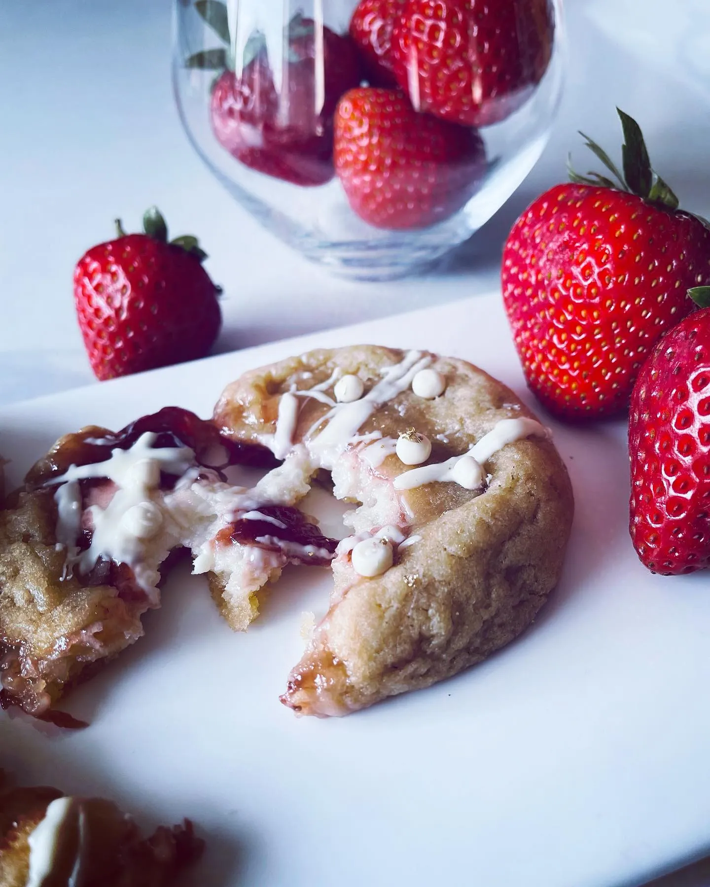 Strawberry cookie broken open closeup